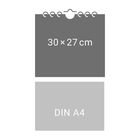 Oben "30×27 cm", unten "DIN A4"; Skizze mit einer Spiralbindung oben.