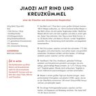 Rezept für Jiazi mit Rind und Kreuzkümmel, inkl. Zutatenliste und Zubereitungsschritte. Enthält Tipps zur Kombination.