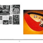 Links japanische Zeitungsausschnitte mit Bildern von Möbeln. Rechts ein Farbfoto mit einem Tisch auf rotem Teppich und einer Person.