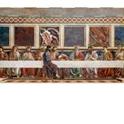 „ANDREA DEL CASTAGNO, Last Supper, 1447“. Ein Gemälde des letzten Abendmahls, mit Jesus und Jüngern an einem langen Tisch.