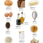 "Generi alimentari" oben. Bilder von Brot, Butter, Eiern, Öl, Salz, Pfeffer, Essig, Pasta, Reis, Joghurt, Käse.