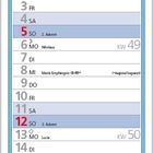 Kalender für Dezember 2027, enthält Feiertage wie Nikolaus, Weihnachten und Silvester; Illustration von Kind auf Skiern.