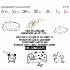 Text: „Diese Zeit zwischen Weihnachten und Silvester... Eine gesetzlose Zeit.“
Kalender, mit Illustrationen von einem schlafenden Kind, Keksen und Milch.