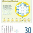 Text: "Sonnenblume", "Donnerstag | DEZEMBER", "30". Kalender mit Puzzle, Zahlen und Muster in Gelb und Blau.