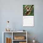 April 2027 Kalenderblatt mit einem Faultier auf einem Ast, montiert über einem weißen Regal mit Dekorationen.