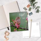 "Vögel unserer Heimat 2027" auf einem Kalender mit Vogelmotiv inmitten von Schreibutensilien und Briefmarken.