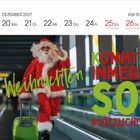 Text: "DEZEMBER 2027", "20 Mo", "Weihnachten kommt immer so plötzlich!". Ein Weihnachtsmann läuft mit einem Koffer.