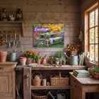 Text: "Landliebe". Rustikales, holzgetäfeltes Zimmer mit Blumentöpfen, Gießkannen und Gartenwerkzeug.