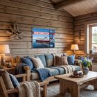 "HURTIGRUTEN REISEN," rotes Schiff auf Kalender in rustikalem Wohnzimmer mit Holzmöbeln und blauen Akzenten.