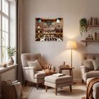 Text "Welt der Bücher 2024". Gemütliches Wohnzimmer mit Sessel, Lampen, Pflanzen und Regalen. Wandkunst zeigt eine Bibliothek.