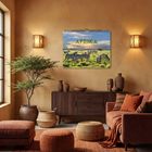 Text: "WILDES AFRIKA 2024".  
Wohnzimmer mit afrikanischen Dekor, Pflanzen und einem Kalender mit Zebras an der Wand.