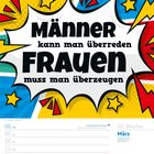"Männer kann man überreden, Frauen muss man überzeugen." Kalender für März 2027. Pop-Art-Design mit Sternen und Linien.