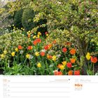 Kalender mit dem Text: "Blühender Apfelbaum zwischen Tulpen und Narzissen". Oben ein Baum mit rosa Blüten, unten bunte Tulpen.