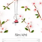 Text: "März / April", "Ostermontag", "KW13/2027". Illustration: Kind schaukelt an Kirschblütenzweigen.