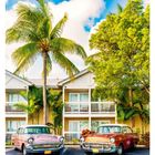 "’57 CHEVYS" steht in großen Buchstaben auf einem Parkplatz vor zwei Oldtimern unter Palmen und einem Hotel.