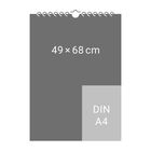 Text "49 × 68 cm" und "DIN A4". Illustration eines grauen Kalenders mit Spirale und einem Rechteckvergleich.