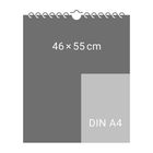 "46 × 55 cm" und "DIN A4" in weißem Text auf dunkelgrauem Hintergrund. Kalenderillustration mit Spiralbindung.