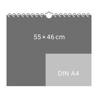 Text "55 × 46 cm" oben, "DIN A4" unten rechts; Illustration zeigt Papiergrößenvergleich mit Spiralbindung.