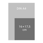 Text: "DIN A4", "16×17,5 cm". Zwei graue Rechtecke, ein kleineres überlappt ein größeres.