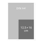Grauer Hintergrund mit "DIN A4"; darauf dunkelgraues Rechteck mit "12,5 x 16 cm".