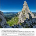 Viele Gipfel, viele Geschichten (Kaisergebirge, Tirol, Österreich). Steil aufragender Fels vor blauem Himmel; unten grüne Täler.