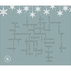 Wörter wie Kekse, Adventskranz, Vorfreude. Schneeflocken oben, Zahl 16 in einem Kranz unten links.