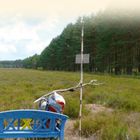 VON LAND UND LEUTEN. Eine blaue Bank auf einer Wiese, im Hintergrund ein Wald, ein Rucksack lehnt an der Bank.