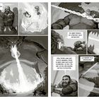 Comicstil: Ein Krieger ruft göttlichen Beistand und kämpft gegen ein feuerspeiendes Monster, spricht furchtlos von Rache.