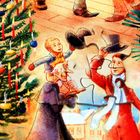 Illustration eines Weihnachtsbaums mit bunten Kugeln und Kerzen. Ein Mann hebt seinen Hut, während ihn ein Kind anlächelt.
