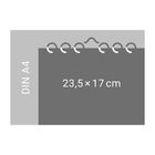Text "DIN A4" und "23,5 x 17 cm". Eine Skizze zeigt Größenvergleiche mit einer Spiralbindung oben.