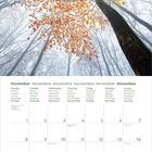 November 2027 Kalender, mehrsprachige Tage. Herbstbäume mit orangen Blättern ragen in einen nebligen Himmel.