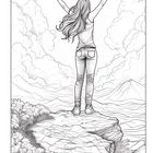 Eine Person steht auf einem Felsen, die Arme in die Luft gestreckt, mit Blick auf Berge und Wolken.