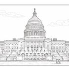 Illustration des US-Kapitols mit seiner markanten Kuppel und breiten Treppen, umgeben von Bäumen und Wolken.