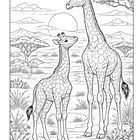 Illustration: Zwei Giraffen in einer afrikanischen Savanne mit Akazien, Bergen und einer untergehenden Sonne im Hintergrund.