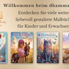 Willkommen beim dhamma Verlag! Vier bunte Malbuchcover: Dinosaurier, Pferde, Katzenmandala, USA.