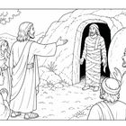 Illustration: Mehrere Personen vor einer Graböffnung, eine erscheint in Leichentüchern.