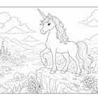 Ein Einhorn steht auf einem Felsen. Im Hintergrund Berge, ein Schloss, Fluss und Bäume in einer Landschaft.