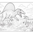 Zwei Dinosaurier am Wasser, einer mit Rückensegel. Palmen und Berge im Hintergrund. Schwarz-weißes Illustrationsstil.