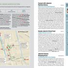 **Links:**  
A STROLL AROUND JAKARTA'S OLD TOWN  
Walk the streets of Kota Tua and explore the old town that gave birth to a megacity.  
START: Gereja Sion, END: Jembatan Kota Intan, LENGTH: 2.3km; 1hr  

**Rechts:**  
Connect with Jakarta’s Maritime History  
Spend time around Sunda Kelapa port  
Sample Jakarta’s Street Food  
Indulge in delicious local food  
Jakarta’s Famous Shopping Scene  

Die linke Seite zeigt eine Karte mit einem Spaziergang durch Jakarta. Die rechte Seite beschreibt maritime Geschichte, Straßenessen und Einkaufszentren.