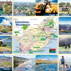 Text: Südafrika-Highlights. Nummerierte Orte: Kapstadt 1, Krügerpark 2, Panorama-Straße 7, Weinland 6. In der Mitte eine Karte.