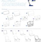"ALLTAGS-GEGENSTÄNDE" steht oben, darunter Zeichnungen von Schultaschen und Stühlen. Eine blaue Lampe ist oben rechts sichtbar.