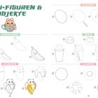 "Kawaii-Figuren & -Objekte" zeigt gezeichnete Anleitungen für lächelnde Bananen, Zuckerwatte, Limonade und Schwimmringe.
