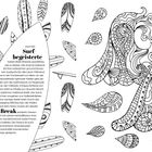 Text über Surfen auf Bali, dekorative Schwarz-Weiß-Muster auf Surfbrettern und Wellenformen. Illustrative Elemente.