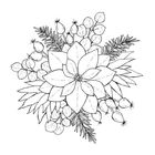 Eine florale Illustration mit einer zentralen Blüte, umgeben von Blättern und Beeren.