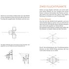 "Ein Fluchtpunkt": Erklärt Würfelperspektive mit Zeichnungen. "Zwei Fluchtpunkte": Zeigt Perspektivvarianten mit Beispielen.