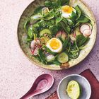 Auf einem Teller liegt ein frischer Spinatsalat mit Radieschen, Gurken, einem weichen Ei und Sesam. Daneben eine halbe Limette.
