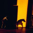 Kein Text vorhanden. Szene mit Pferdestatue, deren Schatten auf eine gelb beleuchtete Wand fällt. Rechts ist ein gemaltes Gesicht.