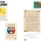 Links: "Victor Brauner, Dessins-Aquarelles, Cahiers d'Art". Rechts: Handschriftlicher Text mit Zeichnungen oben und rechts.