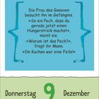 Text: "Donnerstag 9 Dezember." Frau besucht Mann im Gefängnis. Feile im Kuchen. Hintergrund: Blau und Grün, mit stilvollen Klammern.