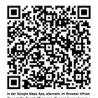 Text: „In der Google Maps App, alternativ im Browser öffnen.” Darunter ein QR-Code.